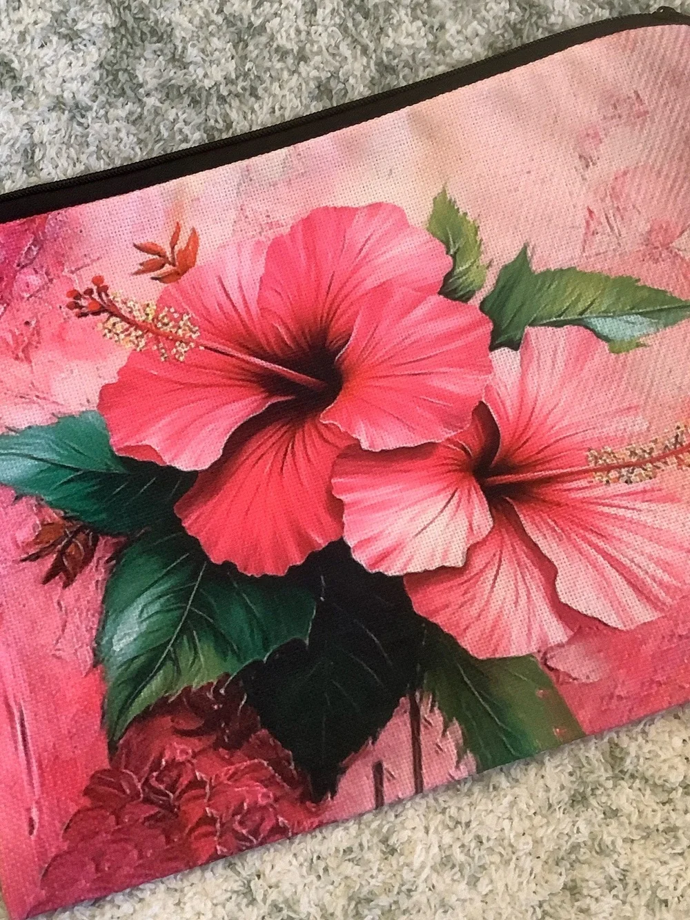 Hot Pink Tropical Floral Cosmetic Bag Canvas Pouch with Hibiscus Print NWT 10x7.
